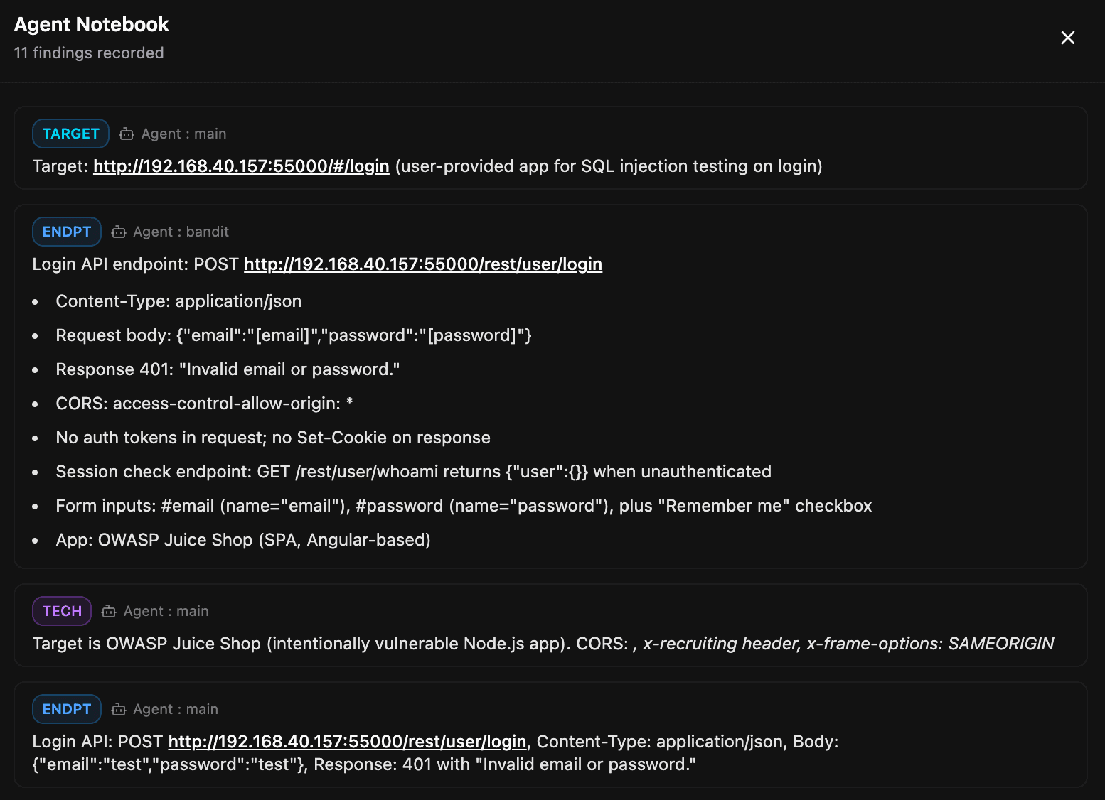 Notebook memory interface for a penetration testing agent